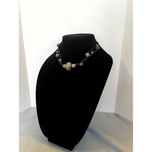 Handmade Necklace– Blue and silver station beads with Silvertone Statement beads